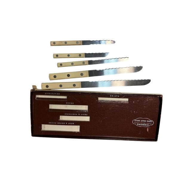 Vintage Simmons Ivory Handle Serrated Utility Knife Set w/ Box Kitchen Lot - Picture 2 of 3